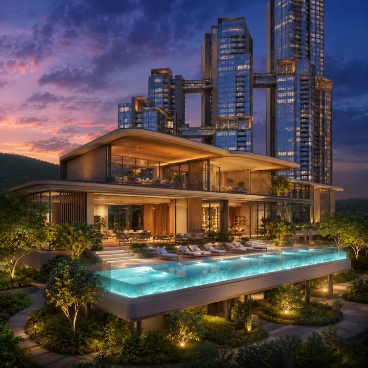 Sattva Hill View signature freestanding clubhouse and pool deck