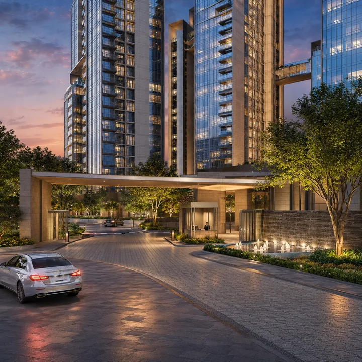 Sattva Hill View arrival plaza on Kanakapura Main Road with interconnected towers Sattva Hill View arrival plaza on Kanakapura Main Road with interconnected towers