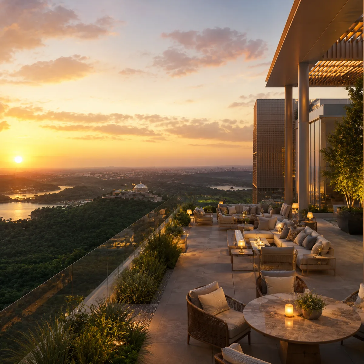 Sattva Hill View rooftop sky terrace deck at 149 metres facing the Art of Living hills